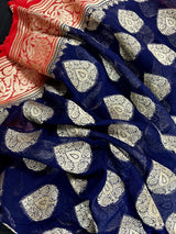Blue with Red Pallu pure khaddi georgette banarasi silk saree with zari floral jaal with red pallu — Kaash Collection