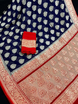 Blue Color Pure Khaddi Georgette Banarasi Silk Saree with Red Pallu and Border | SILK MARK CERTIFIED - Kaash