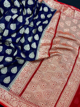 Blue Color Pure Khaddi Georgette Banarasi Silk Saree with Red Pallu and Border | SILK MARK CERTIFIED - Kaash