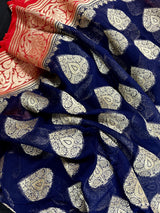 Blue Color Pure Khaddi Georgette Banarasi Silk Saree with Red Pallu and Border | SILK MARK CERTIFIED - Kaash
