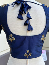 Designer Navy Blue Raw Silk ready-to-wear blouse with handwork with beads — Kaash Collection
