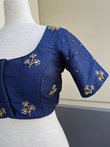 Designer Navy Blue Raw Silk ready-to-wear blouse with handwork with beads — Kaash Collection