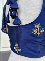 Designer Navy Blue Raw Silk ready-to-wear blouse with handwork with beads — Kaash Collection
