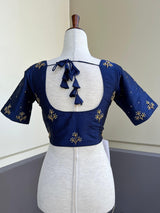 Designer Navy Blue Raw Silk ready-to-wear blouse with handwork with beads — Kaash Collection