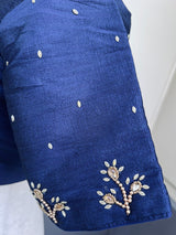 Designer Navy Blue Raw Silk ready-to-wear blouse with handwork with beads — Kaash Collection
