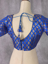 Blue Pure Banarasi (Size 40) ready-to-wear blouse with gold buttis with princess cut — Kaash Collection