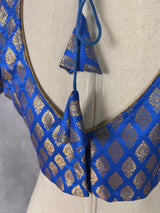 Blue Pure Banarasi (Size 40) ready-to-wear blouse with gold buttis with princess cut — Kaash Collection