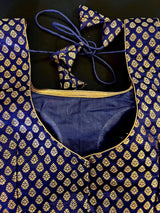 Blue Pure Banarasi Sleeveless ready-to-wear blouse with gold buttis sleeveless — Kaash Collection