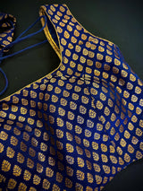 Blue Pure Banarasi Sleeveless ready-to-wear blouse with gold buttis sleeveless — Kaash Collection