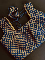 Blue Pure Banarasi Sleeveless ready-to-wear blouse with gold buttis sleeveless — Kaash Collection