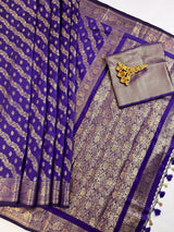 Blue Banarasi saree in banarasi silk with muted gold zari weave — Kaash Collection