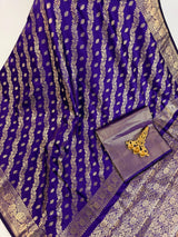 Blue Color Semi Banarasi Silk Saree with Muted Gold Zari Weave - Kaash
