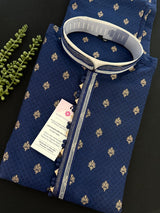 Blue men's kurta pajama in soft raw silk with self-design with antique zari buttis — Kaash Collection