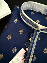 Blue men's kurta pajama in soft raw silk with self-design with antique zari buttis — Kaash Collection