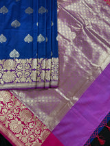 Blue with Lotus Borders Banarasi saree in pure banarasi semi katan silk with double lotus border with 7" foot-side width — Kaash Collection