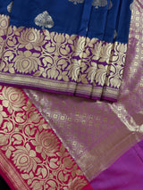 Blue with Lotus Borders Banarasi saree in pure banarasi semi katan silk with double lotus border with 7" foot-side width — Kaash Collection