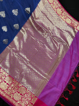 Blue with Lotus Borders Banarasi saree in pure banarasi semi katan silk with double lotus border with 7" foot-side width — Kaash Collection