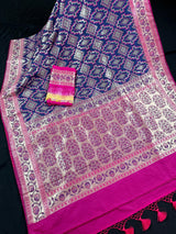 Blue Color with Pink Ikkat Design Banarasi Silk Weaved Saree with Paitani Style Borders with Meenakari - Kaash