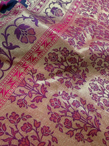 Blue Color with Pink Ikkat Design Banarasi Silk Weaved Saree with Paitani Style Borders with Meenakari | Banarasi Soft Handloom Silk Sarees - Kaash