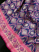 Blue Color with Pink Ikkat Design Banarasi Silk Weaved Saree with Paitani Style Borders with Meenakari | Banarasi Soft Handloom Silk Sarees - Kaash
