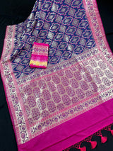 Blue Color with Pink Ikkat Design Banarasi Silk Weaved Saree with Paitani Style Borders with Meenakari | Banarasi Soft Handloom Silk Sarees - Kaash