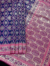 Blue Color with Pink Ikkat Design Banarasi Silk Weaved Saree with Paitani Style Borders with Meenakari | Banarasi Soft Handloom Silk Sarees - Kaash
