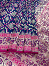 Blue Color with Pink Ikkat Design Banarasi Silk Weaved Saree with Paitani Style Borders with Meenakari | Banarasi Soft Handloom Silk Sarees - Kaash