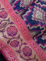 Blue Color with Pink Ikkat Design Banarasi Silk Weaved Saree with Paitani Style Borders with Meenakari | Banarasi Soft Handloom Silk Sarees - Kaash