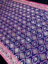 Blue Color with Pink Ikkat Design Banarasi Silk Weaved Saree with Paitani Style Borders with Meenakari | Banarasi Soft Handloom Silk Sarees - Kaash