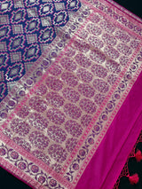 Blue Color with Pink Ikkat Design Banarasi Silk Weaved Saree with Paitani Style Borders with Meenakari | Banarasi Soft Handloom Silk Sarees - Kaash