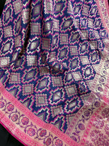 Blue Color with Pink Ikkat Design Banarasi Silk Weaved Saree with Paitani Style Borders with Meenakari | Banarasi Soft Handloom Silk Sarees - Kaash
