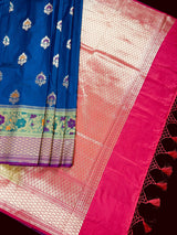Blue with Green & Purple Banarasi saree in banarasi silk with muted gold zari with meenakari & 9" border — Kaash Collection