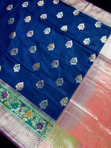 Blue with Green & Purple Banarasi saree in banarasi silk with muted gold zari with meenakari & 9" border — Kaash Collection
