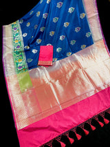 Blue Color with Pink Traditional Banarasi Handloom Saree | Soft Silk Saree | Meenakari Work | Gold Zari Weaving | Kaash Sarees - Kaash