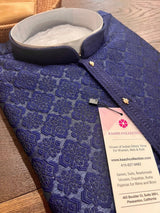 Blue men's kurta pajama in soft silk (non-pure) with embossed embroidery design — Kaash Collection