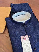 Blue men's kurta pajama in soft silk (non-pure) with embossed embroidery design — Kaash Collection