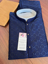 Blue men's kurta pajama in soft silk (non-pure) with embossed embroidery design — Kaash Collection