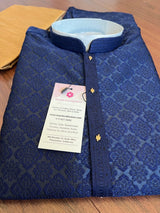 Blue men's kurta pajama in soft silk (non-pure) with embossed embroidery design — Kaash Collection
