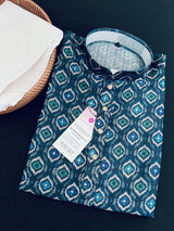 Peacock Blue Ikkat men's kurta pajama in soft silk (non-pure, crepe-like) with ikkat digital print — Kaash Collection