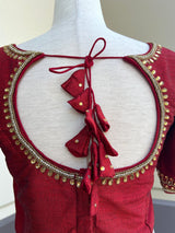 Boat Neck Maroon Raw Silk ready-to-wear blouse with boat neck with handwork & beads — Kaash Collection