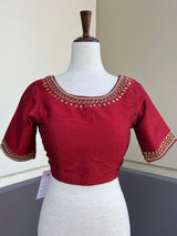 Boat Neck Maroon Raw Silk ready-to-wear blouse with boat neck with handwork & beads — Kaash Collection