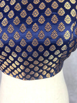 Boat Neck Midnight Blue Pure Banarasi ready-to-wear blouse with boat neck with gold buttis — Kaash Collection