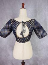 Boat Neck Midnight Blue Pure Banarasi ready-to-wear blouse with boat neck with gold buttis — Kaash Collection