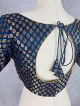 Boat Neck Midnight Blue Pure Banarasi ready-to-wear blouse with boat neck with gold buttis — Kaash Collection
