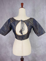 Boat Neck Midnight Blue Color Readymade Blouse with Gold Buttis in Pure Banarasi Silk | Readymade Blouses | Blue Color Stitched Blouse - Kaash