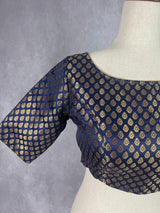 Boat Neck Midnight Blue Color Readymade Blouse with Gold Buttis in Pure Banarasi Silk | Readymade Blouses | Blue Color Stitched Blouse - Kaash