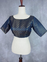 Boat Neck Midnight Blue Color Readymade Blouse with Gold Buttis in Pure Banarasi Silk | Readymade Blouses | Blue Color Stitched Blouse - Kaash