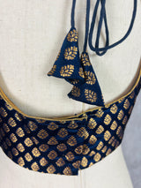 Boat Neck Midnight Blue Color Readymade Blouse with Gold Buttis in Pure Banarasi Silk | Readymade Blouses | Blue Color Stitched Blouse - Kaash