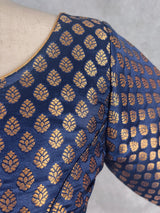 Boat Neck Midnight Blue Color Readymade Blouse with Gold Buttis in Pure Banarasi Silk | Readymade Blouses | Blue Color Stitched Blouse - Kaash