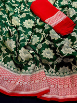 Bottle Green and Red pure banarasi georgette silk saree with muted gold water zari — Kaash Collection